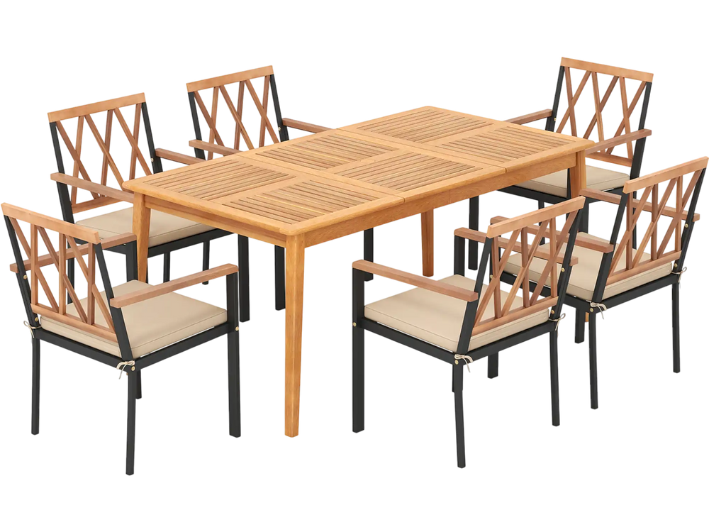 7 Piece Patio Acacia Wood Dining Set Solid Wooden Dining Furniture with Umbrella Hole