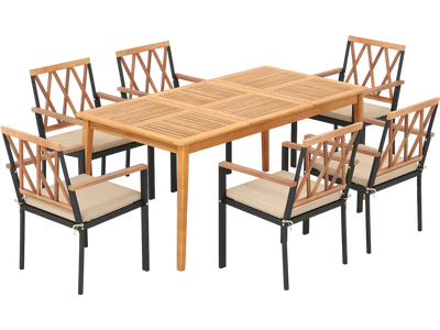 Costway 7-Piece Patio Acacia Wood Dining Set w/ Umbrella Hole 176243589 New