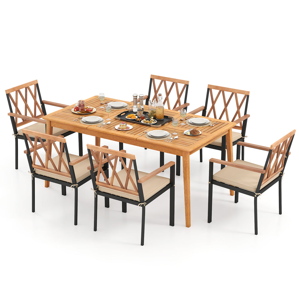 7-piece patio dining set featuring solid acacia wood table and chairs with removable cushions, perfect for outdoor.