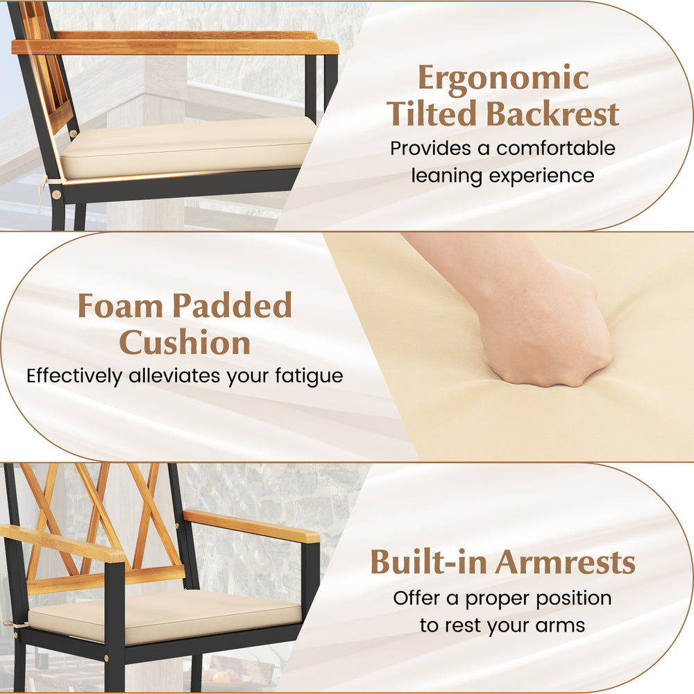 Ergonomic tilted backrest and foam padded cushion on a solid acacia wood dining chair for outdoor comfort.