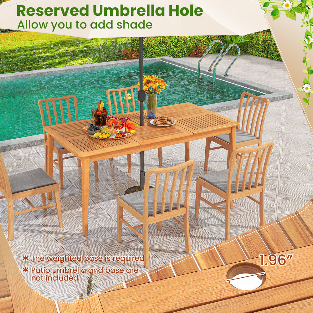 7-piece patio acacia wood dining set with umbrella hole, featuring sturdy chairs and a natural finish for outdoor.