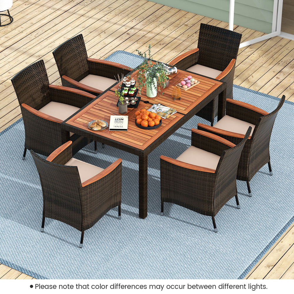 Top view of a 7-piece garden dining patio rattan set with cushions, showcasing the stylish arrangement for outdoor.