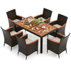 Elegant 7-piece garden dining patio rattan set with acacia wood table and cushions, perfect for backyard gatherings.
