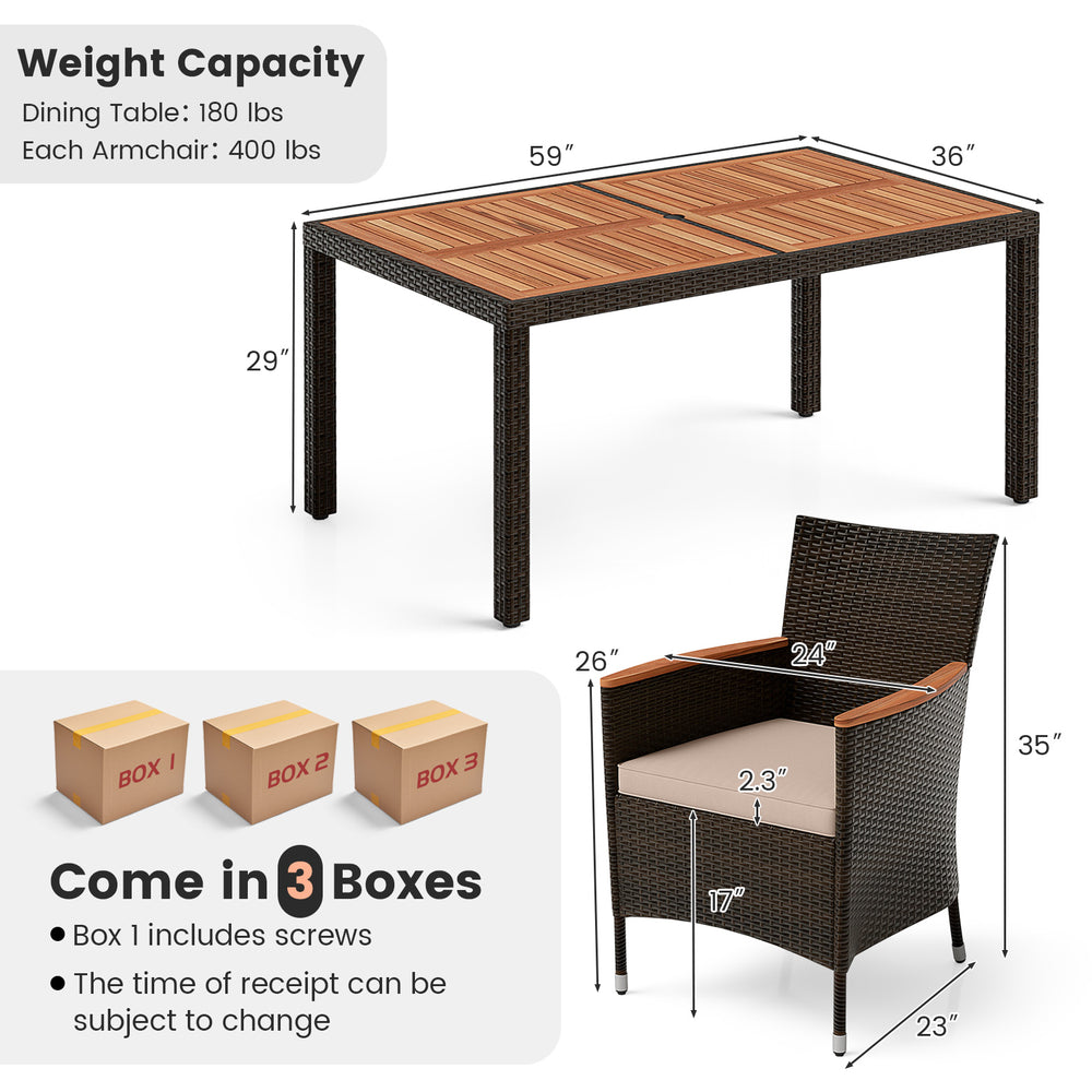 7-piece garden dining patio rattan set with acacia wood table, featuring 6 ergonomic chairs and removable cushions.