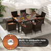 7-piece garden dining patio rattan set with acacia wood table, cushions, and built-in umbrella hole for outdoor use.