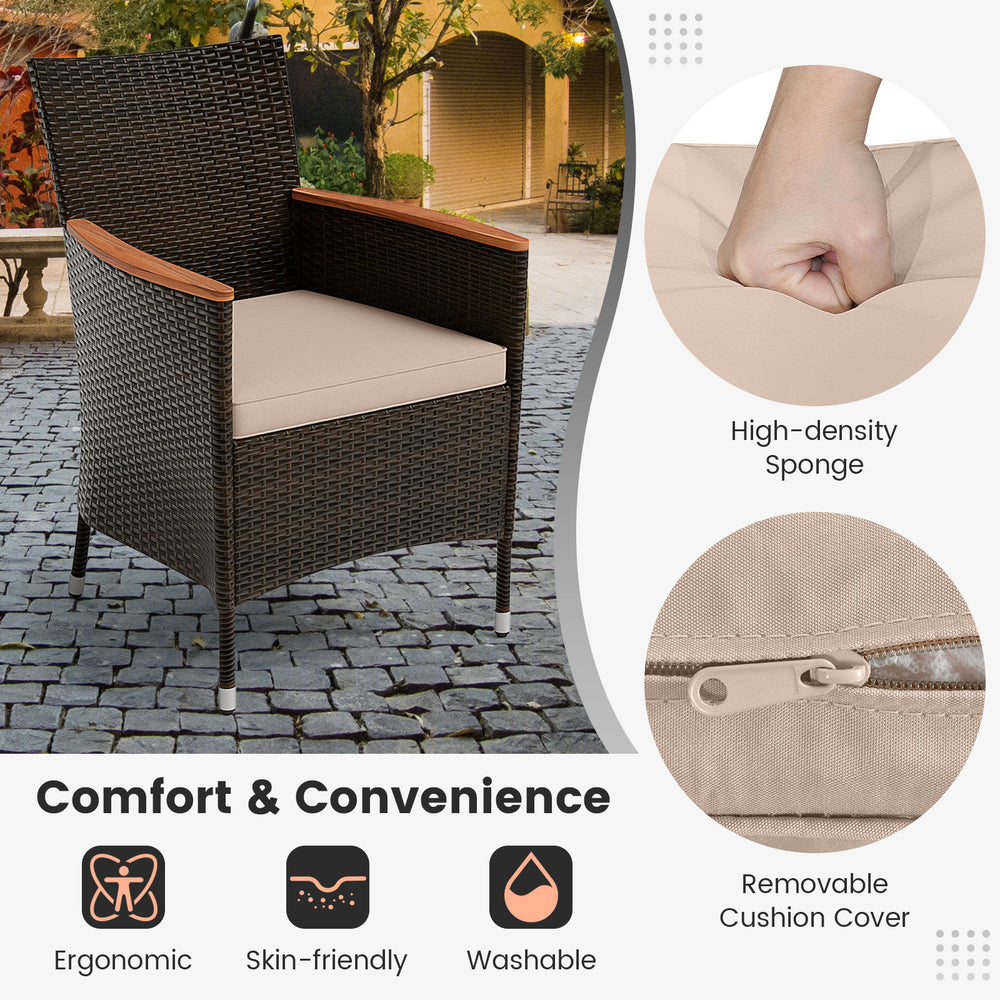 Ergonomic chair with high-density sponge cushion, made of poly rattan, perfect for outdoor dining in gardens or patios.