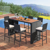 7-piece patio rattan bar set with acacia wood tabletop and soft seat cushions, perfect for outdoor gatherings by the.