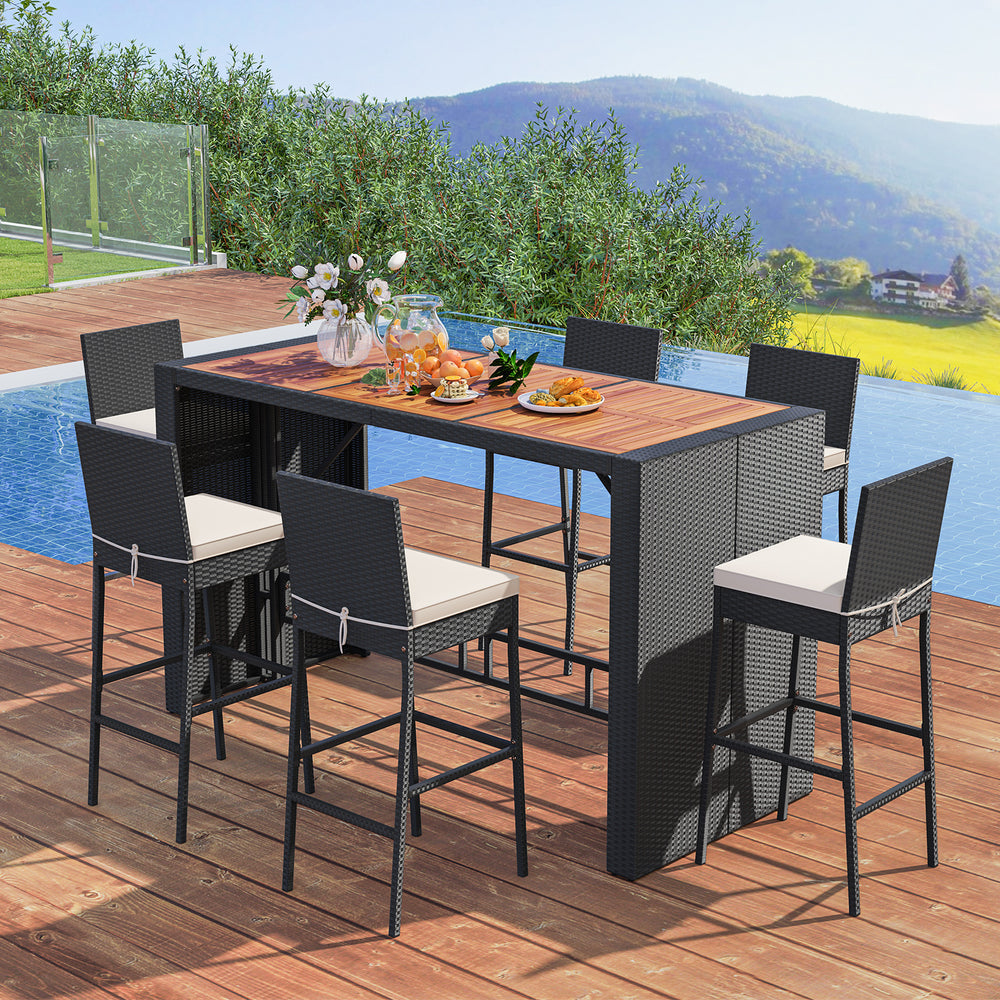 7-piece patio rattan bar set with acacia wood tabletop and soft seat cushions, perfect for outdoor gatherings by the.