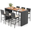 7-piece patio rattan bar set with acacia wood tabletop and soft seat cushions, ideal for outdoor gatherings.