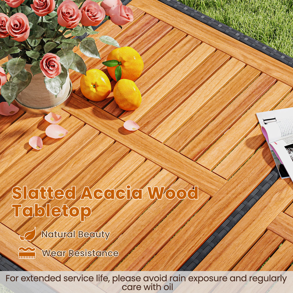 Slatted acacia wood tabletop of a 7-piece patio rattan bar set, showcasing natural beauty and wear resistance for.