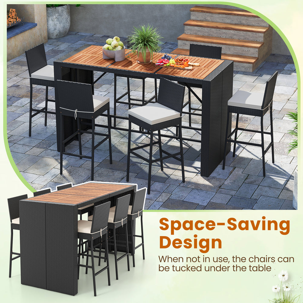 7-piece patio rattan bar set with acacia wood tabletop and soft cushions, perfect for space-saving outdoor dining.