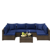 Sectional patio sofa set with navy cushions, made of PE rattan, ideal for outdoor relaxation by the poolside.