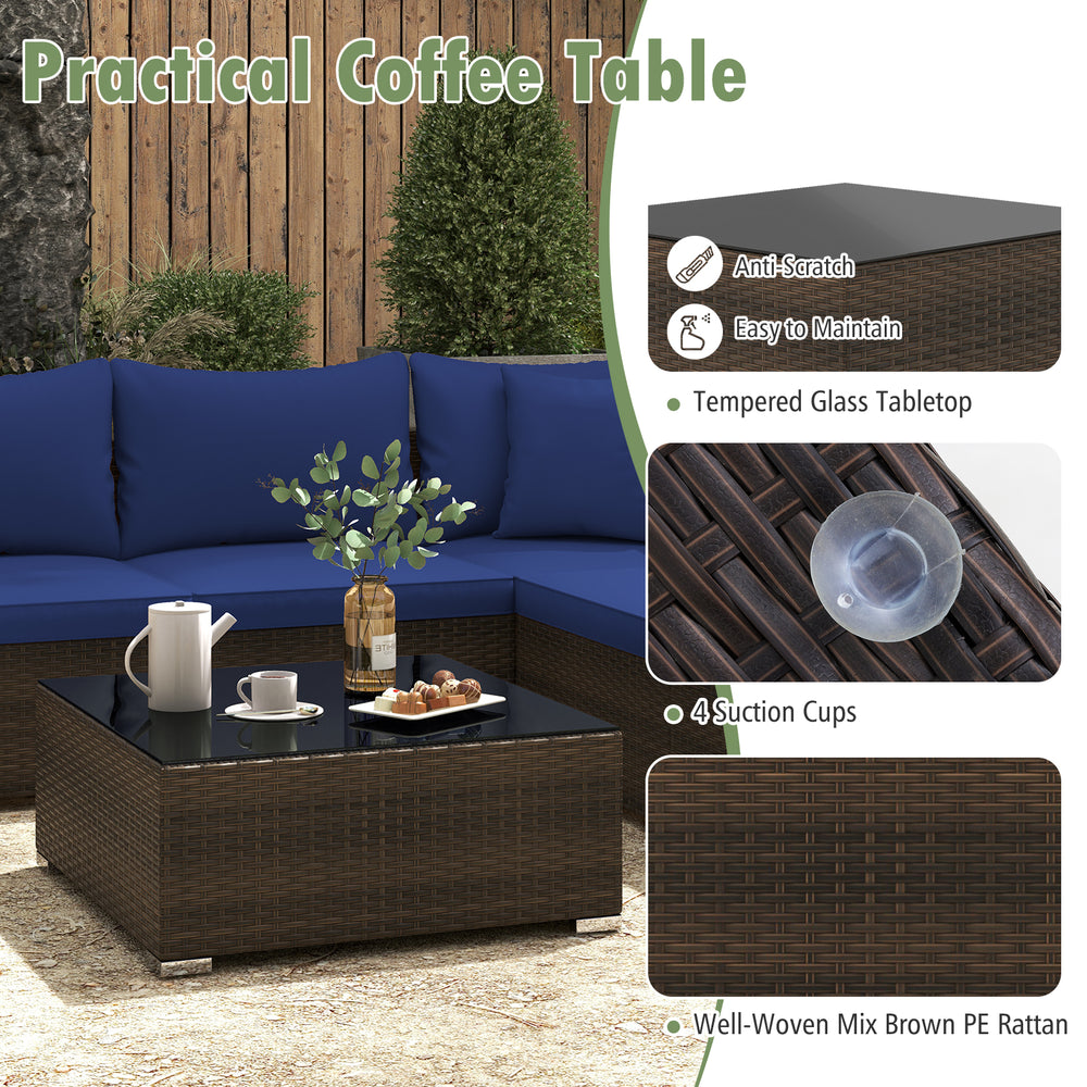 Practical coffee table with tempered glass top and well-woven mix brown PE rattan, ideal for patio or garden use.