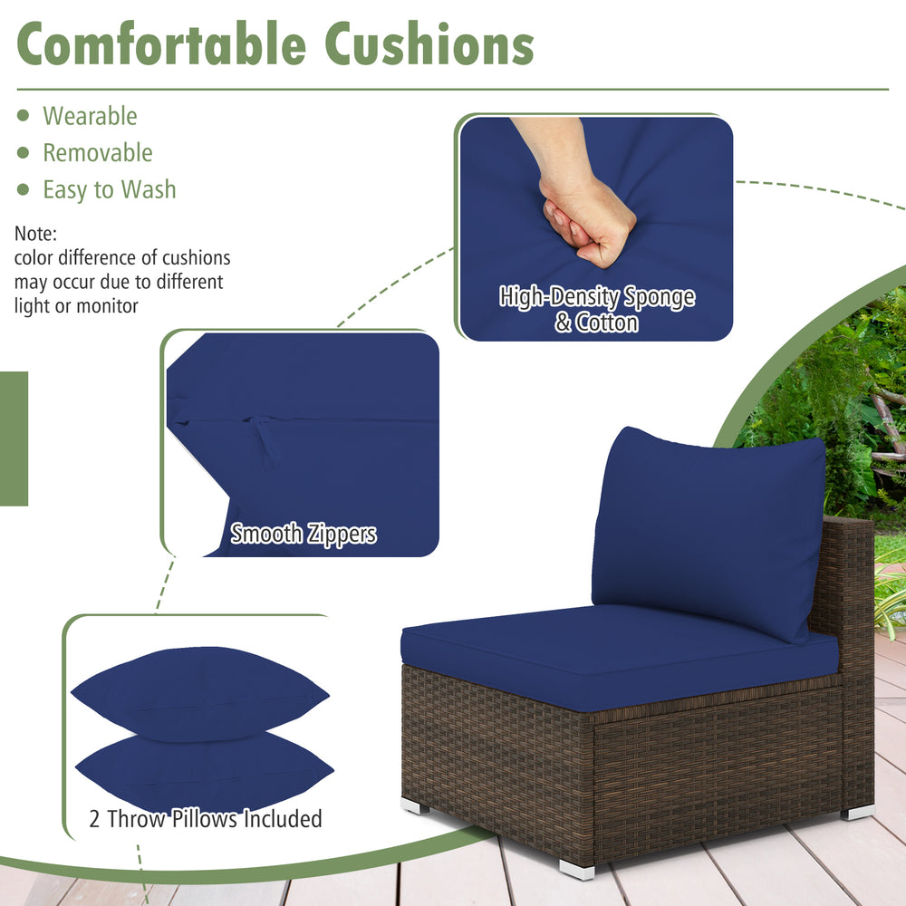 Navy cushion detail for 7 Pieces Patio Rattan Furniture Set, featuring removable covers and smooth zippers for easy.