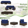 7-piece patio rattan furniture set featuring navy cushions, including corner and armless sofas, perfect for outdoor.