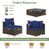 Dimensions of the 7-piece patio rattan furniture set with navy cushions, ideal for outdoor relaxation.