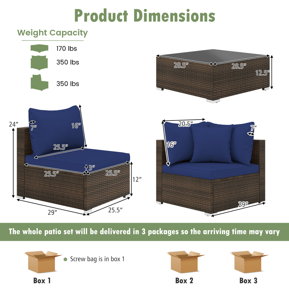 Dimensions of the 7-piece patio rattan furniture set with navy cushions, ideal for outdoor relaxation.