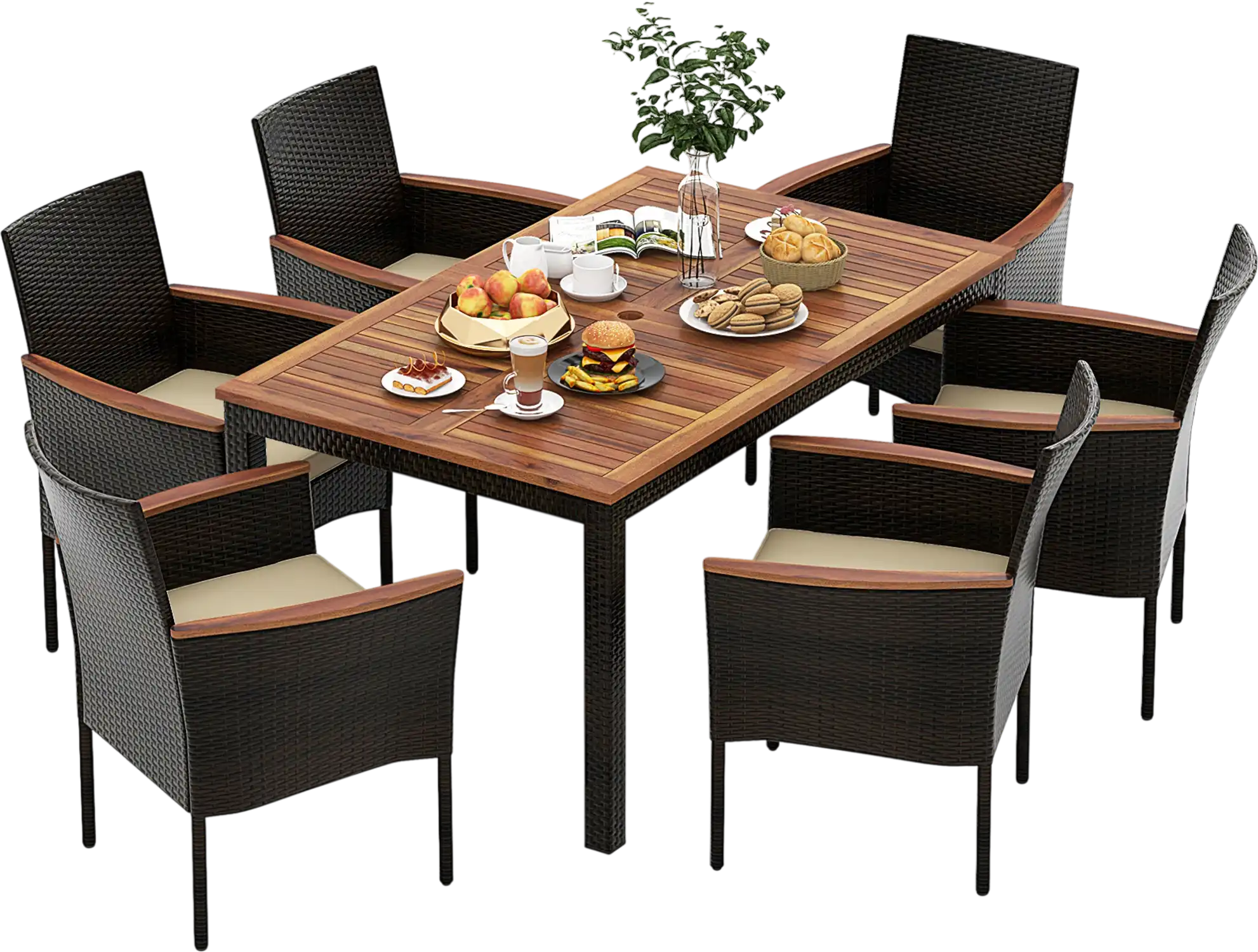 Costway 7-Pc Rattan Patio Dining Set Stackable Chairs Umbrella Hole 84925367 New