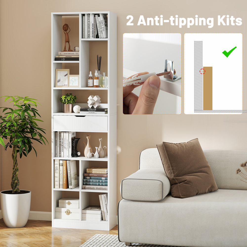 7-tier white bookshelf with drawer, featuring anti-tipping kits and versatile storage for home decor and organization.