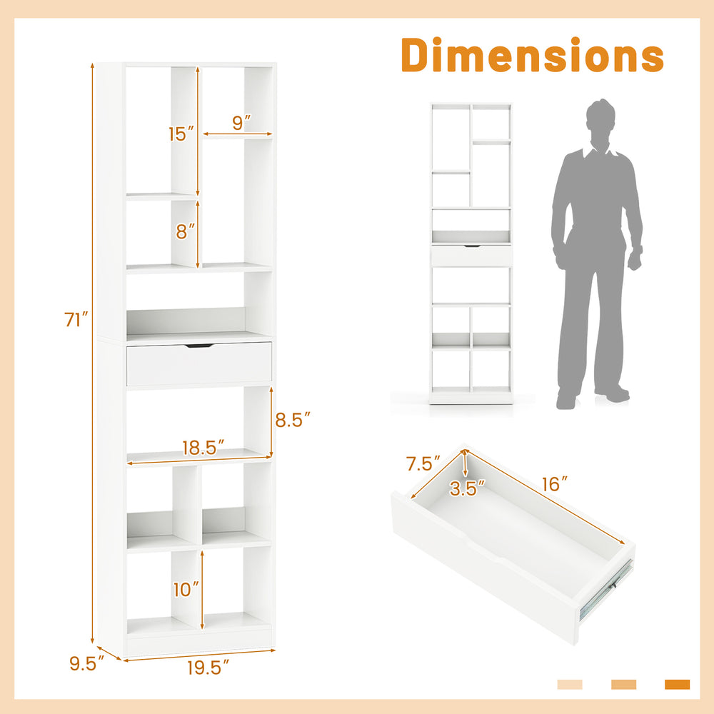 7-tier white bookshelf with drawer, featuring 10 open cubes and dimensions for versatile storage and stability.