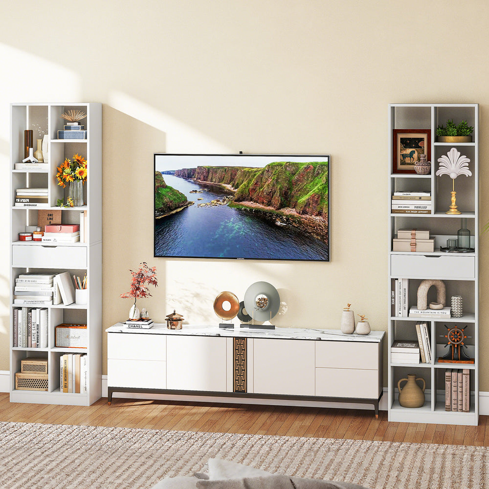7-tier white bookshelf with spacious drawer and cut-out handle, perfect for organized storage and seamless room.