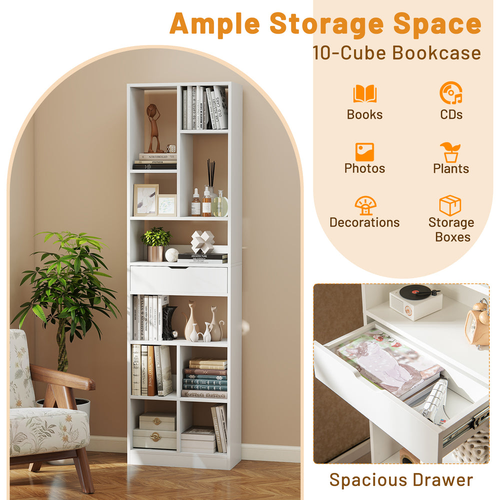 7-tier white bookshelf with 10 open cubes and spacious drawer, ideal for versatile storage in any room.