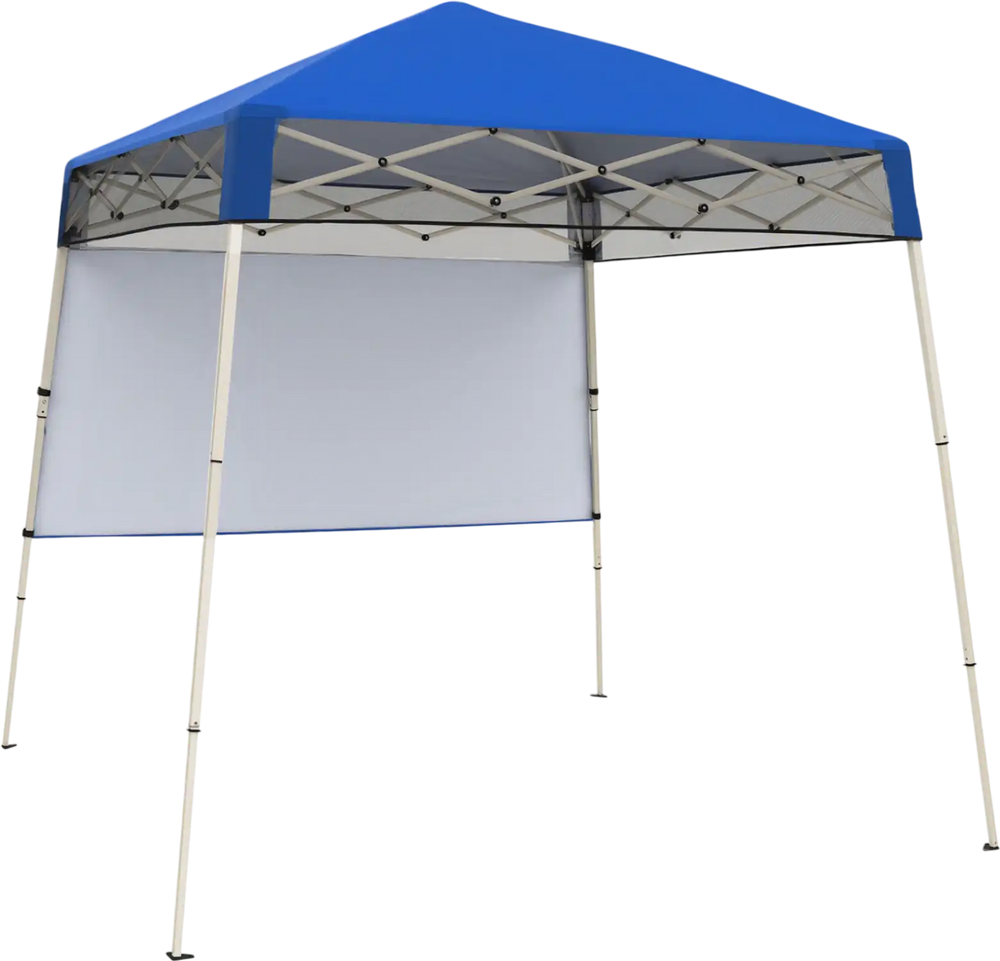 7 x 7 FT blue pop-up canopy tent with mesh sidewall, ideal for camping, picnics, and outdoor events.