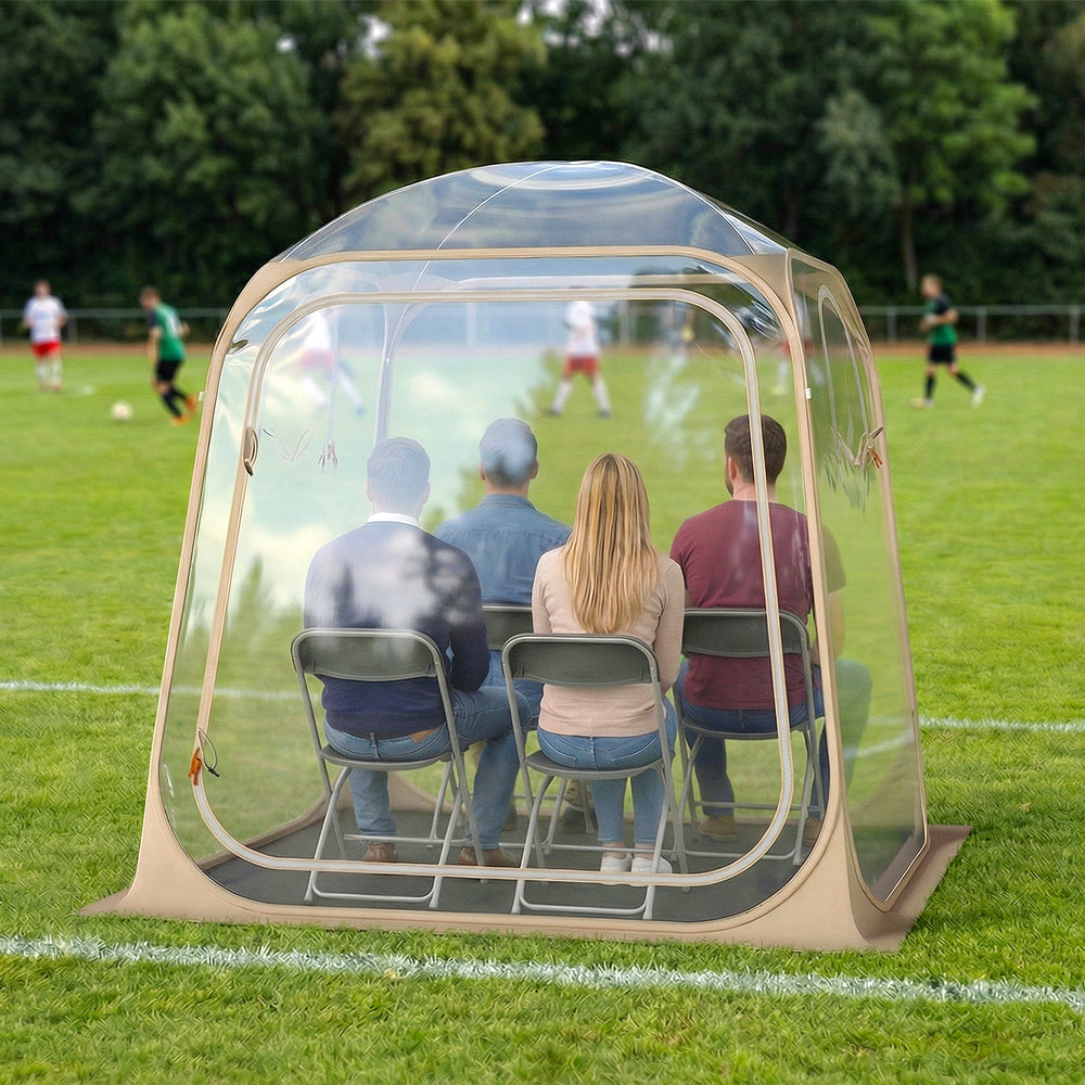 Clear bubble tent with a sealed floor, ideal for sports events, featuring a pop-up design and 540° unobstructed view.