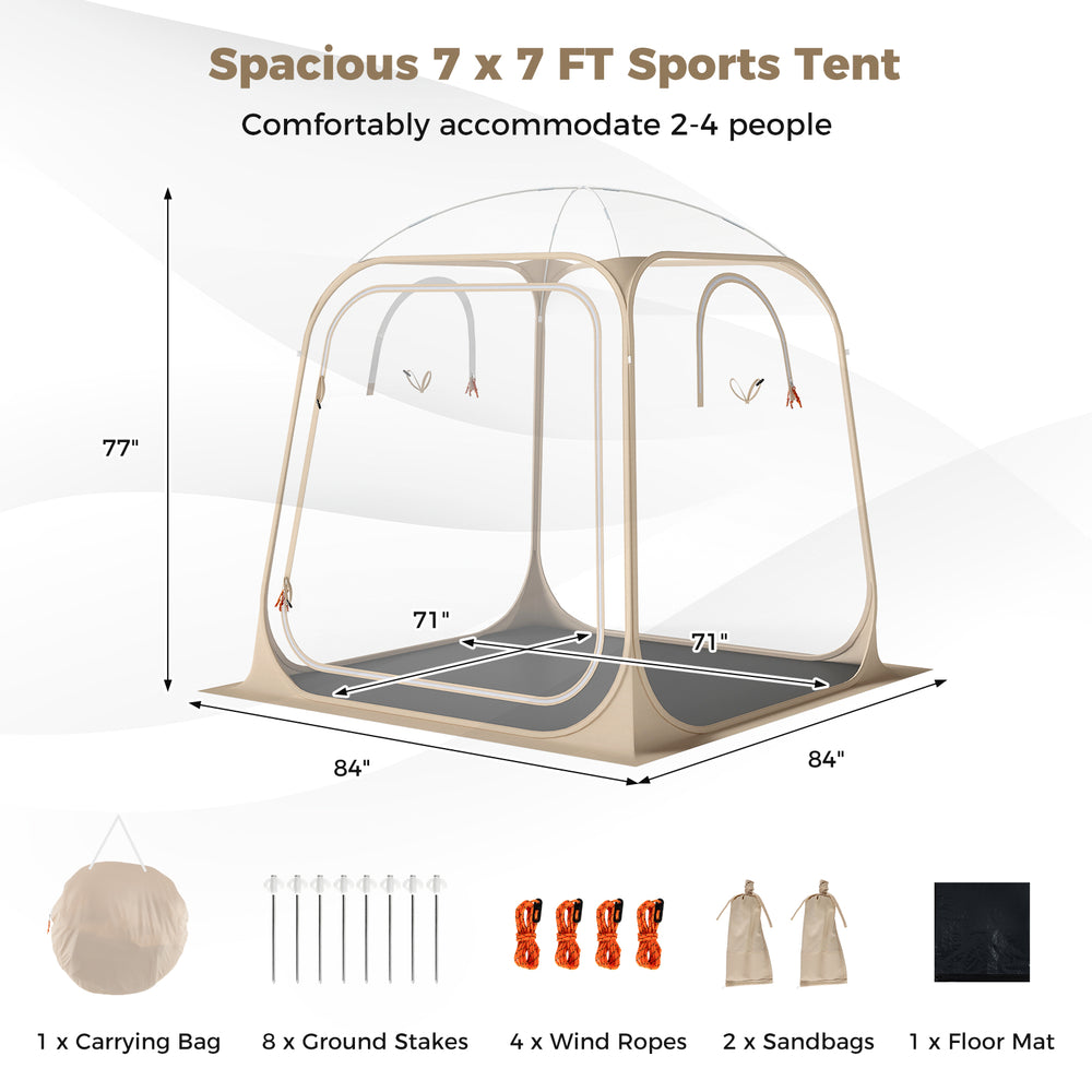 7 x 7 FT pop-up sports tent with clear PVC dome, sealed floor, and glow-in-the-dark stakes for outdoor stability.