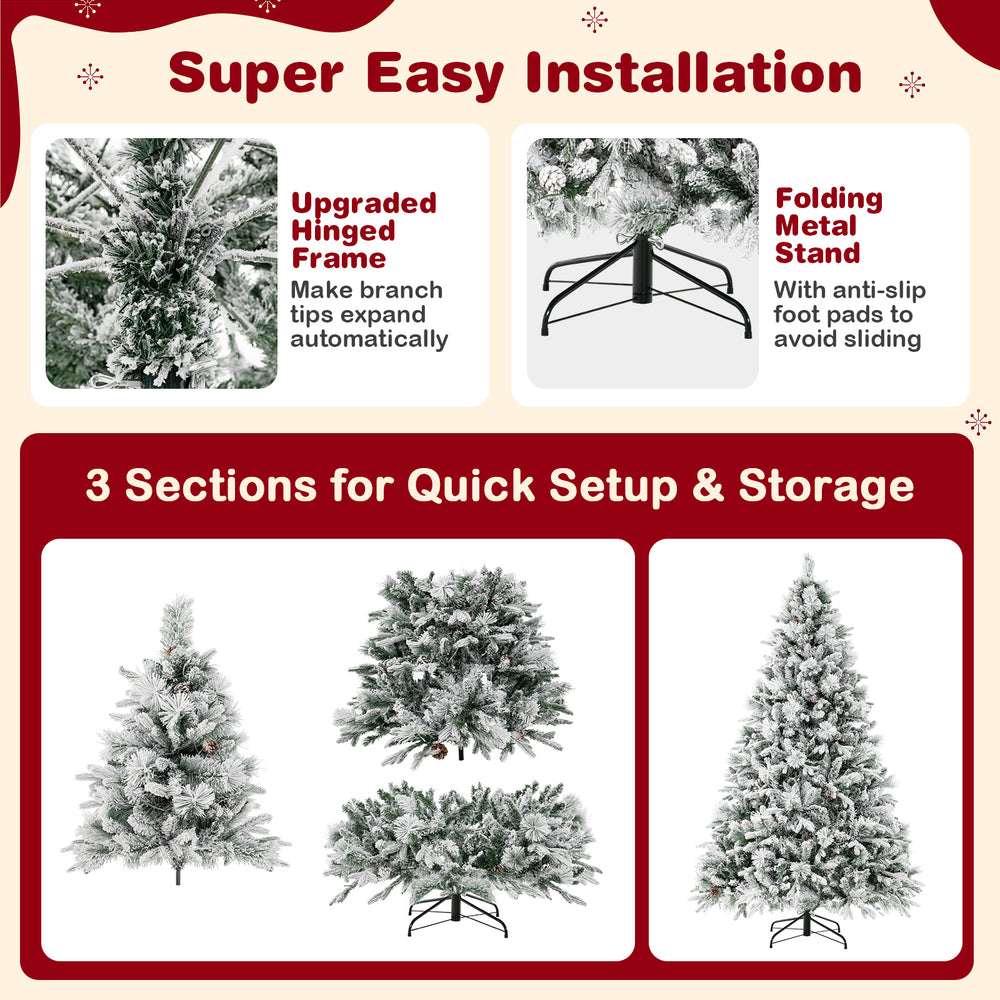 7-foot artificial Xmas tree with white flocking, pine cones, and 320 LED lights for easy setup and festive decoration.