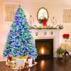 7 ft artificial Christmas tree with flocked branches and multicolored LED lights, perfect for festive home decor.