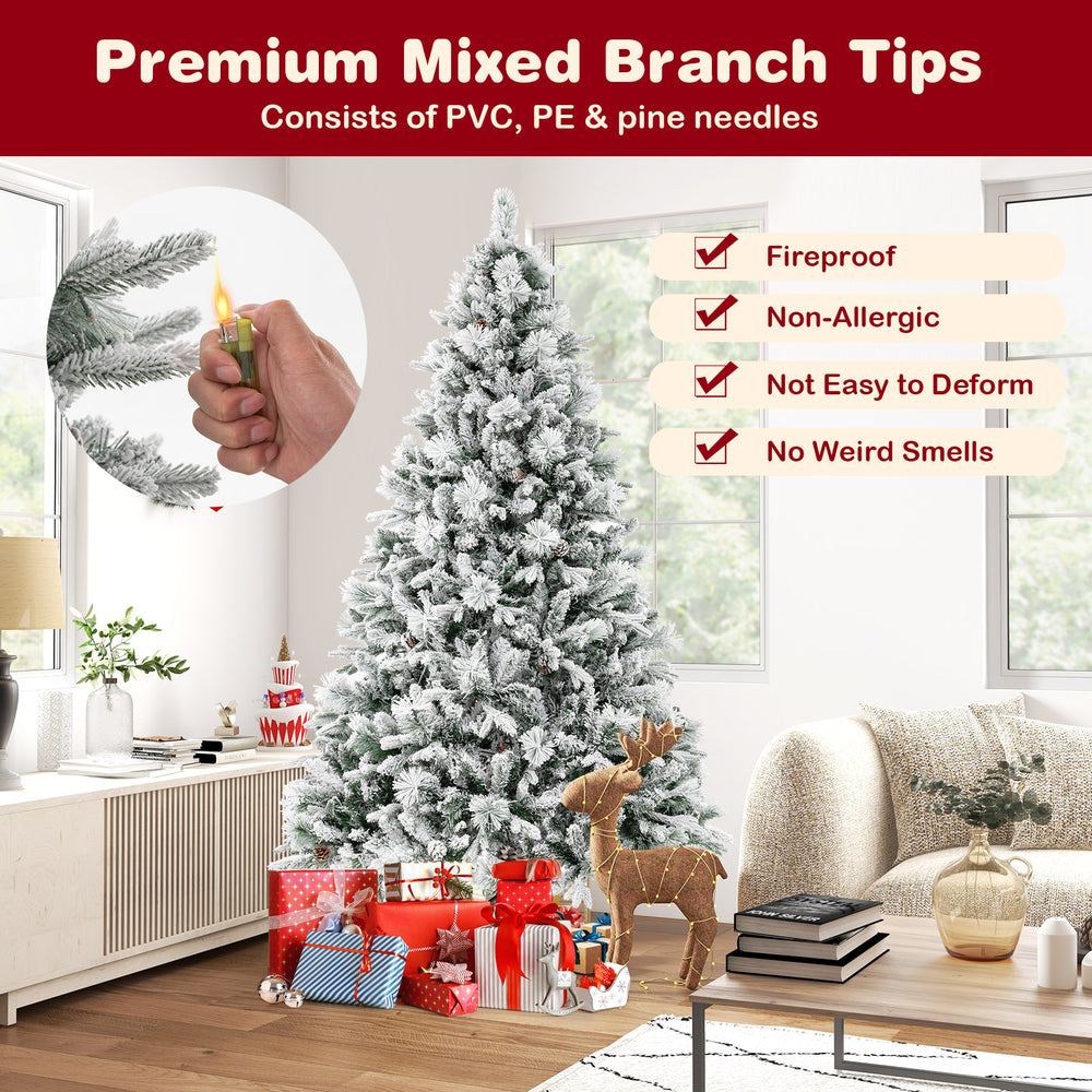 7-foot artificial Xmas tree with white flocking, 320 LED lights, and pine cones, perfect for festive home decoration.