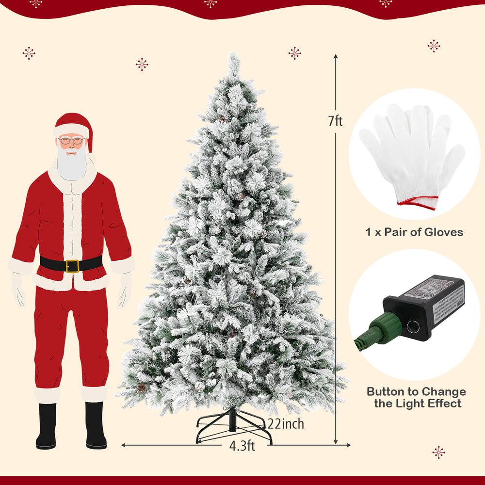 7 ft artificial Christmas tree featuring a hinged frame, fireproof materials, and 8 lighting modes for easy setup and.