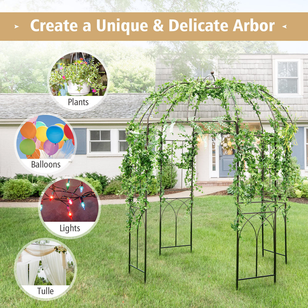 Birdcage shape garden arbor in vintage bronze, perfect for climbing plants and outdoor decorations like lights and.