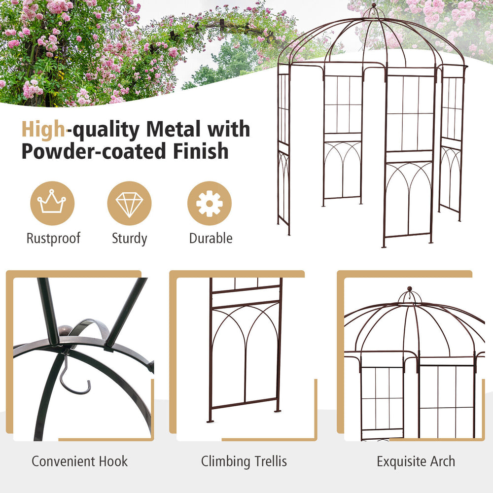 Birdcage shape garden arbor in vintage bronze, featuring a sturdy metal frame and a convenient top hook for hanging.