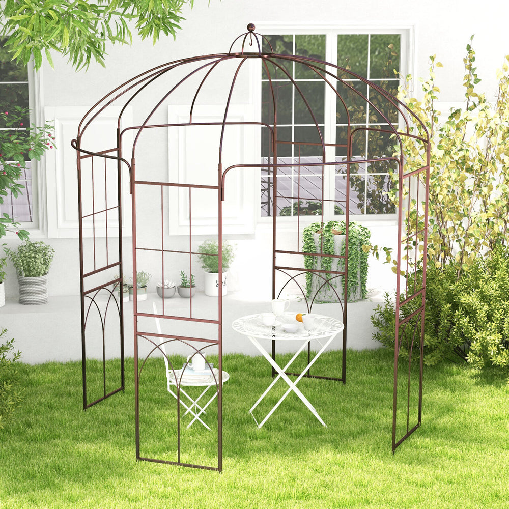 Birdcage shape garden arbor in vintage bronze, featuring a sturdy metal frame and space for outdoor dining and plants.