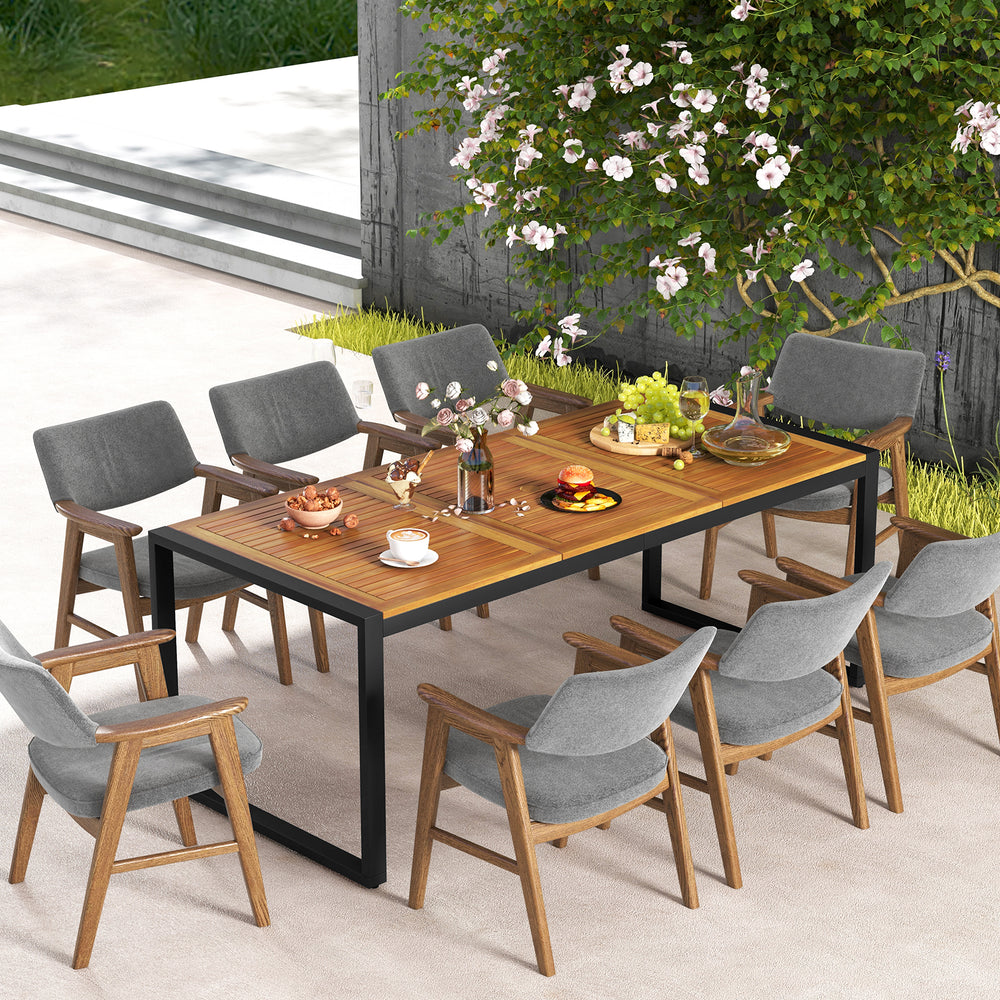 79-inch acacia wood patio table with 1.9-inch umbrella hole, seating 8, perfect for garden and poolside gatherings.