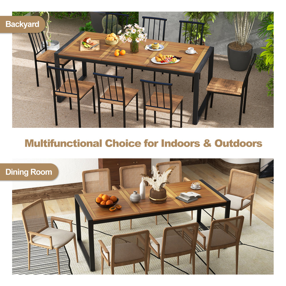 79-inch acacia wood patio table with 1.9" umbrella hole, suitable for 8 persons, ideal for backyard and dining room use.
