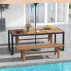 79-inch acacia wood patio table with metal legs, featuring a 1.9-inch umbrella hole, perfect for garden and poolside.