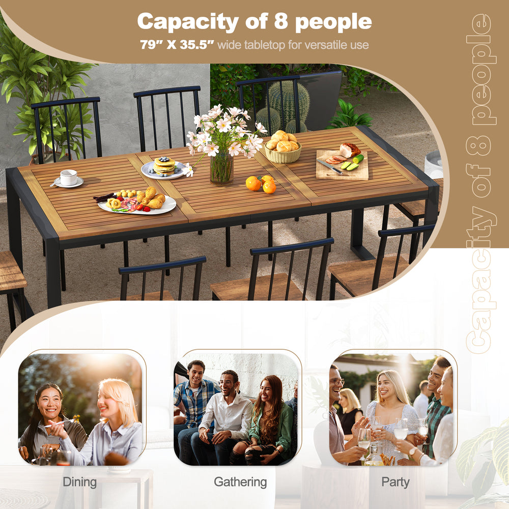 79-inch acacia wood patio table with umbrella hole, seating 8 for dining, gatherings, and parties in outdoor spaces.