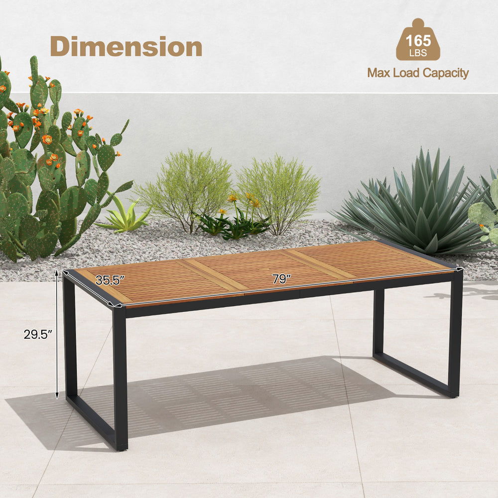 79-inch acacia wood patio table with 1.9-inch umbrella hole, designed for outdoor gatherings and stability.