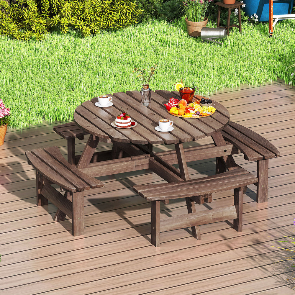 8-Person Round Picnic Table Set Circular Patio Dining Camping Table with Benches-Brown - Gallery View 1 of 10