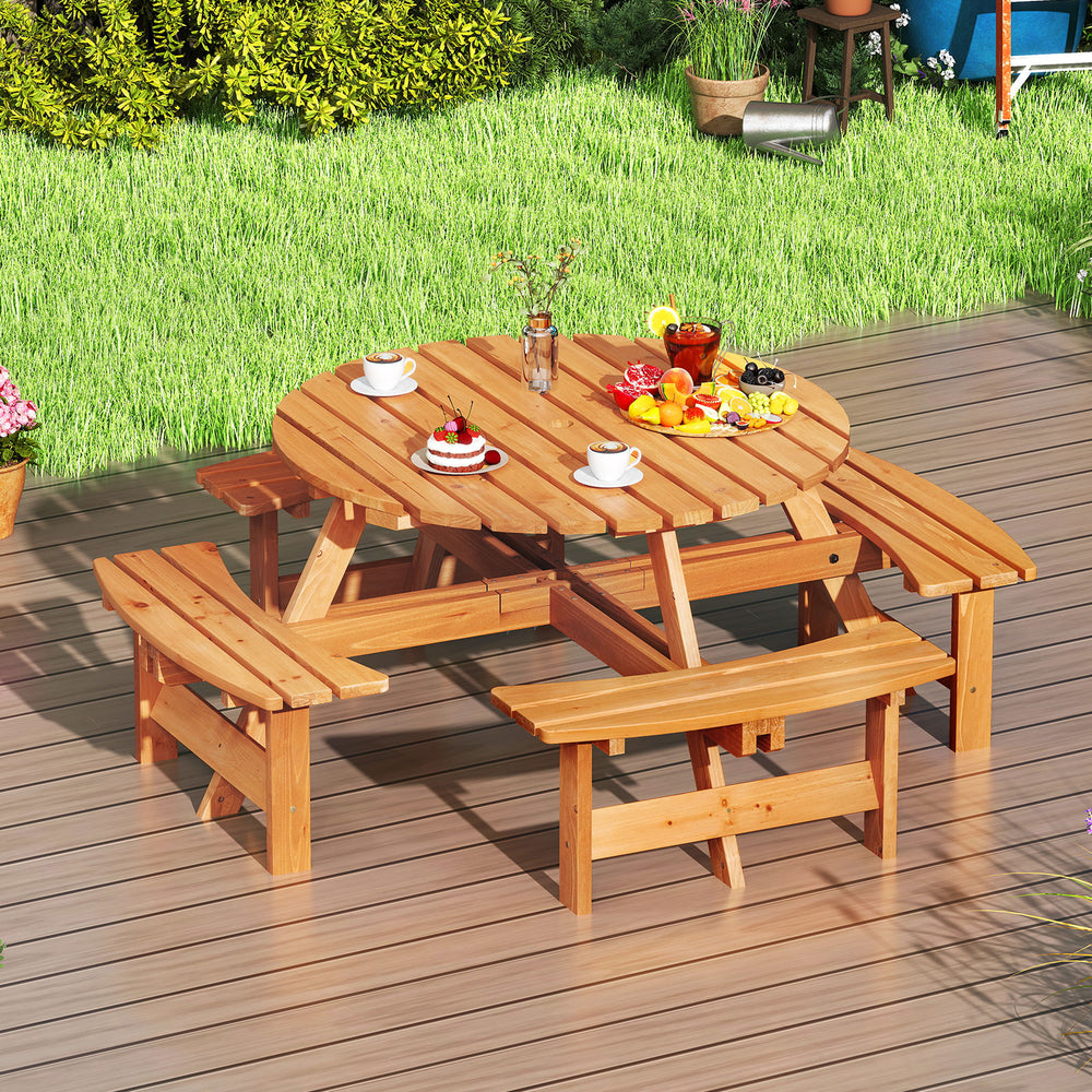 Round picnic table set with a slatted tabletop, designed for 2-8 people, perfect for outdoor meals and gatherings.