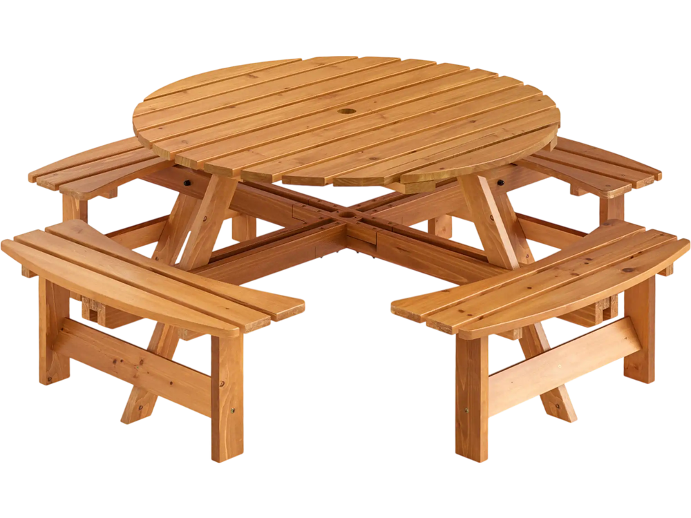 8-Person Round Picnic Table Set Circular Patio Dining Camping Table with Benches