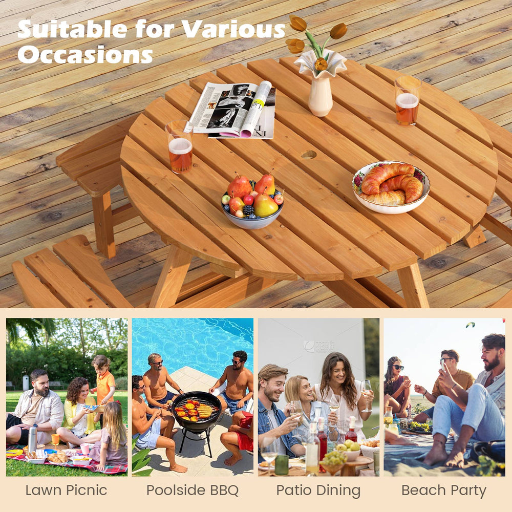 Round picnic table set with benches, crafted from natural fir wood, ideal for outdoor dining with family and friends.