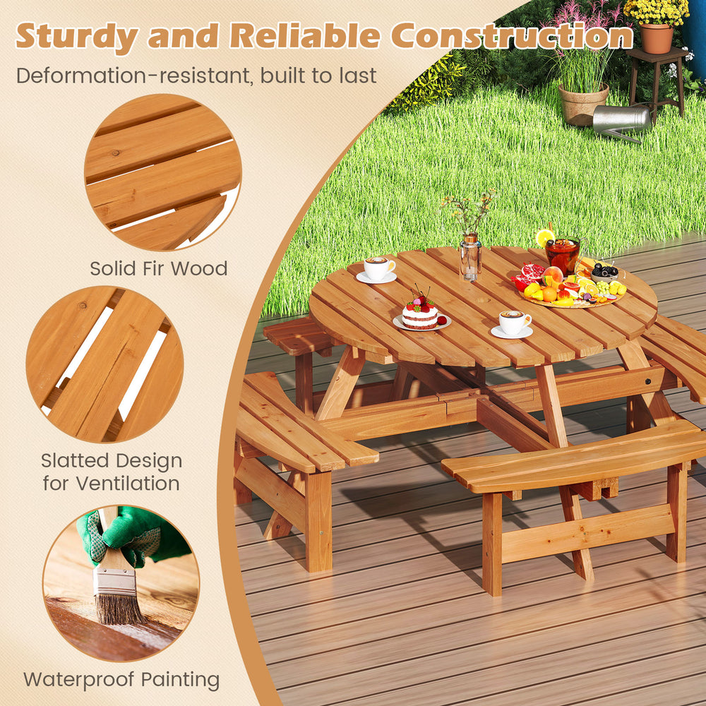 Round picnic table set made of natural fir wood with waterproof finish, ideal for outdoor dining with family and.