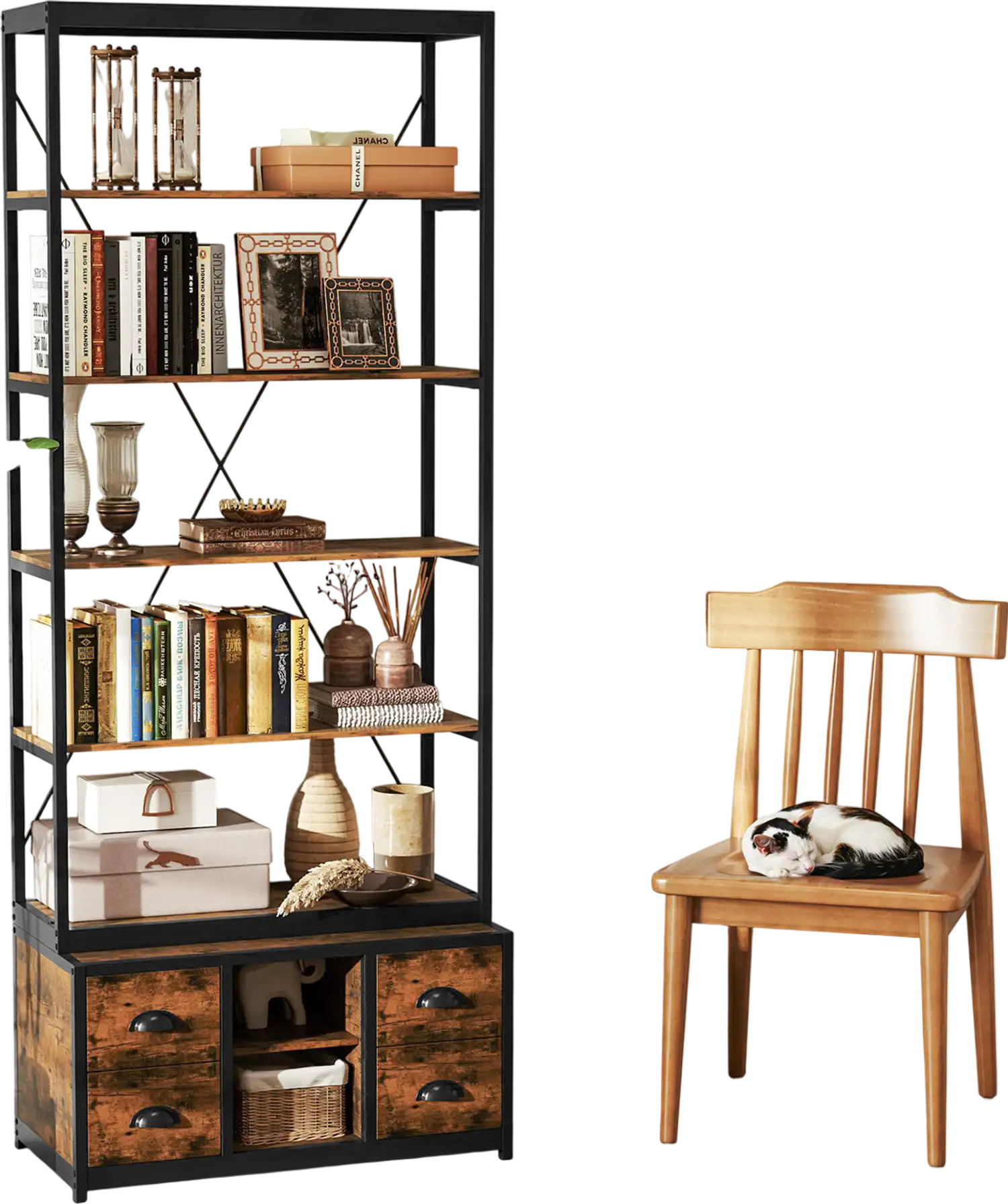 Costway 8-Tier Bookshelf with 4 Fabric Drawers Heavy-Duty Metal Frame Coffee 374196258 New