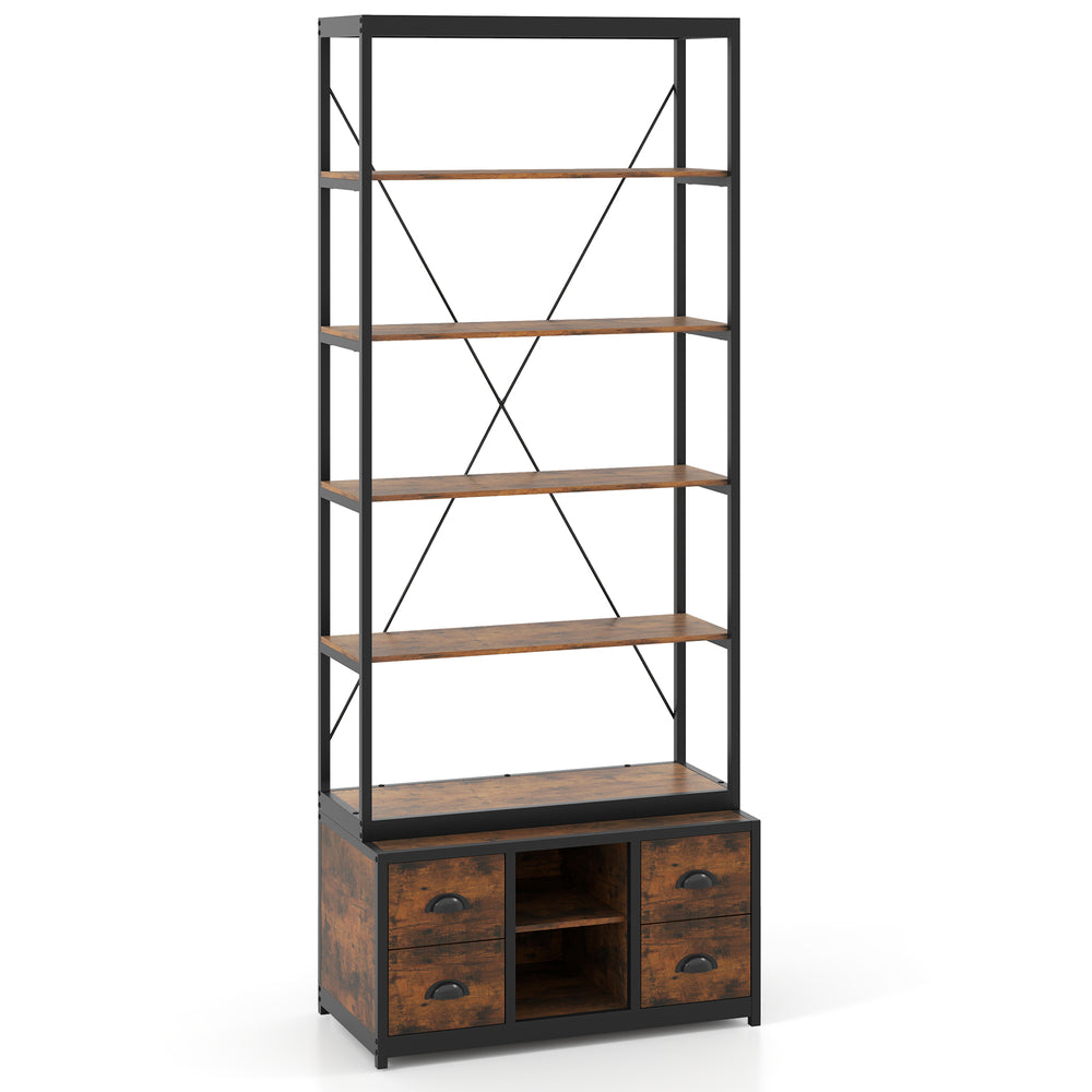 8-tier bookshelf with a heavy-duty metal frame, featuring 4 fabric drawers and adjustable shelves for versatile storage.