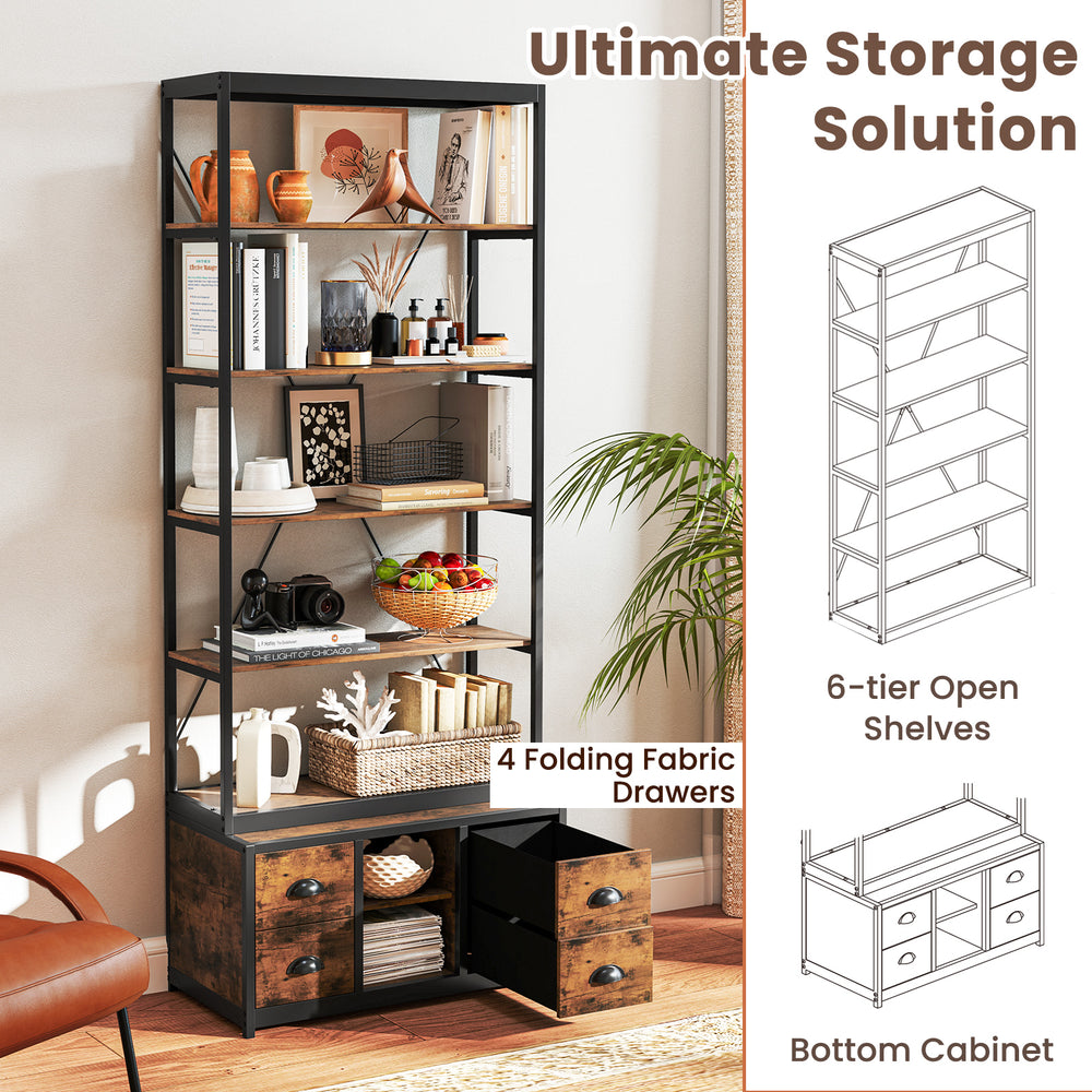 8-tier bookshelf with heavy-duty metal frame, featuring 6 open shelves and 4 fabric drawers for versatile storage.