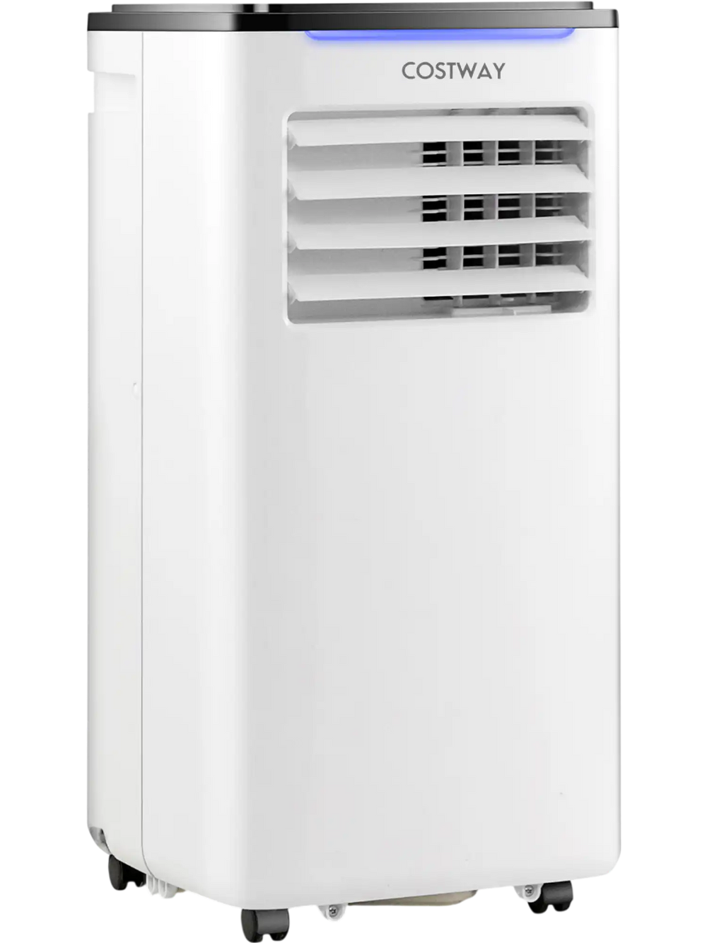 8000 BTU portable air conditioner with fan and dehumidifier mode, featuring remote control and easy mobility on wheels.